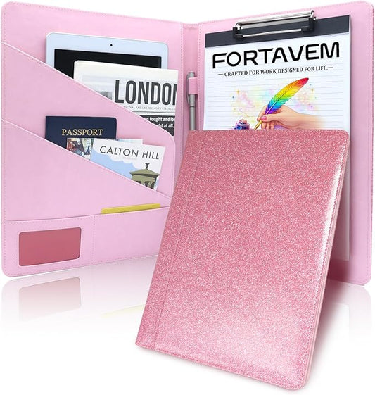Professional Portfolio Binder, Faux Leather Padfolio for Resume, Note-Taking & Meetings, A4 Letter Writing Pad Holder for Women & Men, Pink