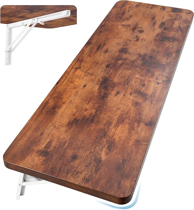 Neoaider Wall Mounted Folding Table 47.2”L x 19.7”W, Laundry Folding Table with Heavy Duty Metal Collapsible Shelf Brackets, Wall Mounted Desk Fold Down for Small Spaces, Brown