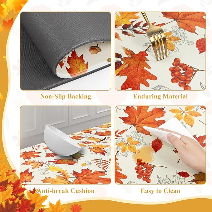 SHACOS Fall Anti Fatigue Kitchen Mats Orange Maple & Acorn 17x27.5+17x47 | Autumn Harvest Cushioned Kitchen Rugs Set of 2 Beige Non Slip Kitchen Floor Mat Ergonomic Standing Mats