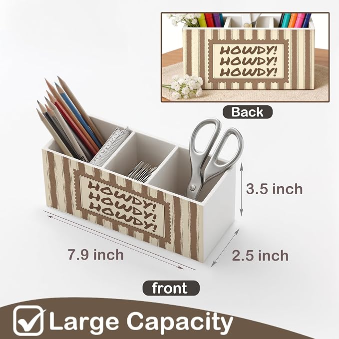 Howdy Western Wooden Pen Holder for Desk, Western Desk Decor Accessories, Retro Brown and Beige Striped Southwestern Pencil Organizer Wooden Box Sign for Home Office Decoration
