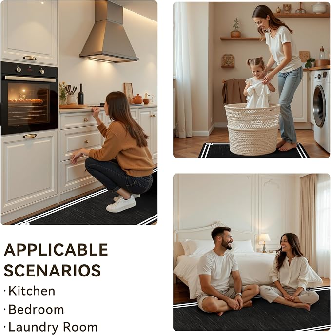 Black Retro Elegance Frame Textured Kitchen Rug Sets [2 PCs], Anti-Fatigue, Waterproof Non-Slip Kitchen Mats Heavy Duty Comfort Foam Rug for Kitchen, Floor, Laundry,17"x29"+17"x47"
