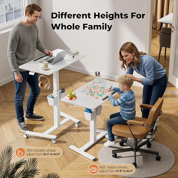 35" Small Glass Mobile Standing Desk, Portable Laptop Cart with Storage & 90° Tilt, Height Adjustable, Rolling Whiteboard on Wheels for Office Home School, White