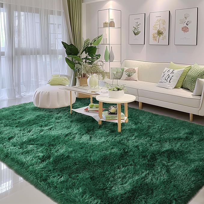 Awaytail Fluffy Rug Washable 5x7 Feet, Emerald Green Nursery Rug for Baby Girl Play Room Cute Large Rugs for Living Room