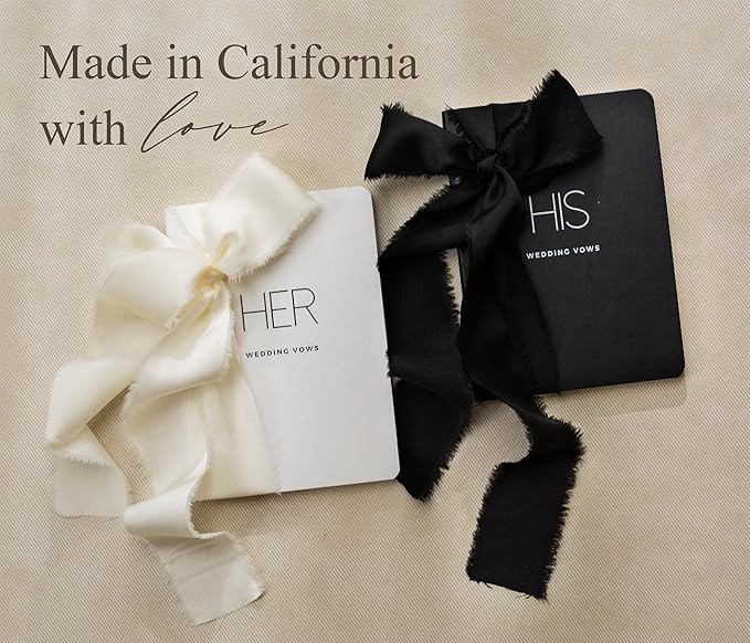Black White His Her Slim Vow Books w/Ribbon (Set of 2) - 5.625 x 4" Minimalist Pocket Sized Modern Wedding Ceremony Vow Renewal Speech Notebook Journal