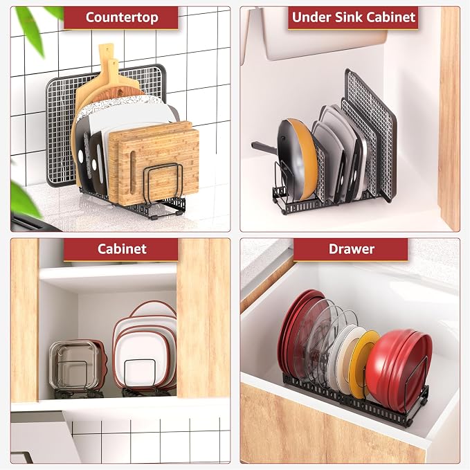 HzTinT Cutting Board and Baking Tray Cookie Sheet Organizer for Cabinet | Expandable 11.3"-22.5" Pan Organizer with 12 Adjustable Dividers, Cutting Board Holder for Cabinet or Countertop Storage