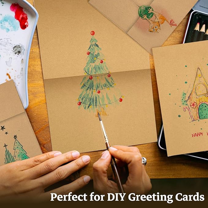 Goefun Brown Kraft Blank Cards and Envelopes 5x7, A7 Envelopes Self Seal with Folded Brown Cardstock 5x7 100 Pack for Invitations, Wedding, Birthday, DIY Greeting Cards & All Occasions