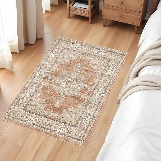 Puino Washable Entryway 2x3 Rug: Small Boho Rugs for Indoor Entrance Non Slip Backing Stain Resistant Carpet Low Pile Throw Rugs for Bedroom Bedside Inside Front Door Floor Kitchen Decor(Brick,2x3FT)