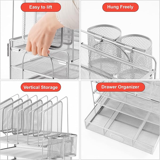 Marbrasse Desk Organizers, 4-Tier Mesh Desk File Organizer with 5 Vertical File Holders and 2 Pen Holders, Multifunction Desktop Organizer,Desk Organizers and Accessories for Home Office (Silver)