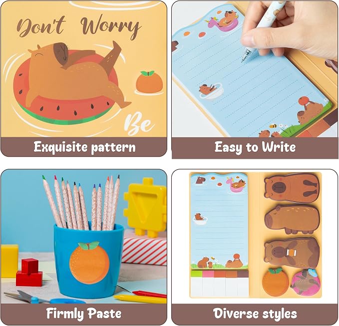 B1ykin Cute Sticky Notes Set - Don’t Worry Be Capy Self-Stick Notes Pad, 550 Sheets Writing Memo Pages Sticky Notepad for Teacher Appreciation Gift School Office Party Favors Supplies (Capy)