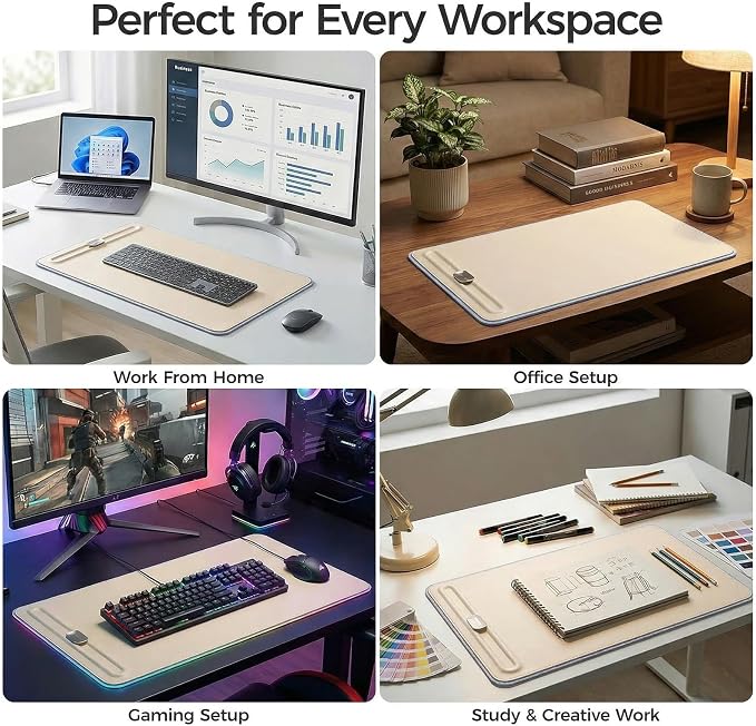 Desk Mat – Double-Sided Vegan Leather & Felt | Built-In Magnetic Cable Organizer & File Storage | Premium Workspace Pad for Office, Gaming & Creative Professionals-（Beige）