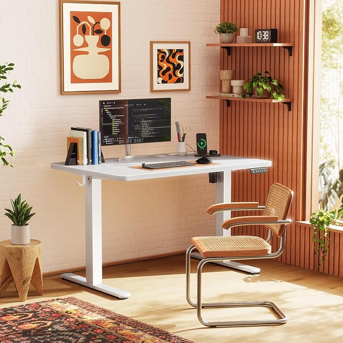 Huuger Electric Standing Desk with Power Outlets and USB-C Port, 39 X 24 Inch Height Adjustable Desk, Sit Stand Desk for Home Office, Computer & Gaming Desk with 4 Presets, Stable Steel Frame, White