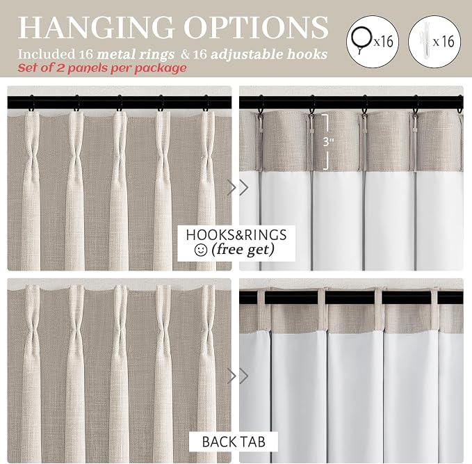 Extra Long Greyish Beige Pinch Pleated 108 Inch High Ceiling Curtains for Living Room 2 Panels Set, Memory Trained Blackout Double Layer Thick Linen Insulated Noise Blocking Luxury Windows Drapes 9FT