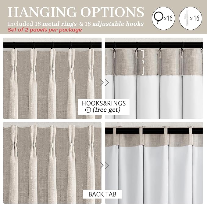 Pinch Pleated Blackout Office Curtains 105 Inches Extra Long 2 Panels Set, Greyish Beige Memory Trained Room Darkening Dual Layer Linen Blend Noise Blocking Insulated Elegant Windows Curtain & Drapes