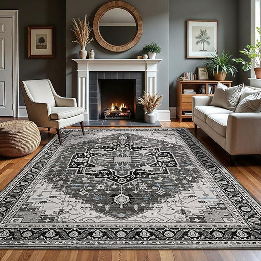 Macgace 6x9 Black Grey Area Rug for Living Room, Machine Washable Rugs with Non-Slip Backing for Bedroom, Vintage Medallion Carpet Dining Room Office Kids Room Decor