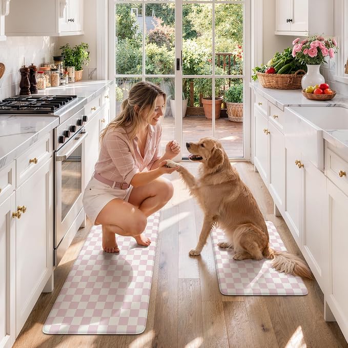 KIMODE Kitchen Anti Fatigue Mats, Light Pink Checkered Home Decor Carpet | Geometric Kitchen Rugs Sets of 2,Padded Kitchen Mats for Floor,Cushioned Rugs for Kithcen Floor Sink Laundry 17"x47"+17"x29"
