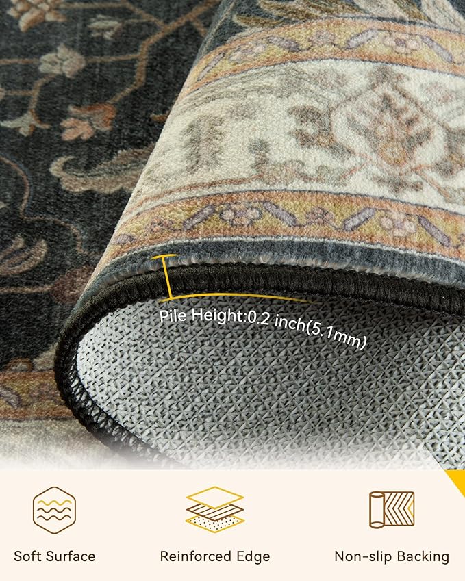 RELEANY Area Rugs 3'x5' Washable Non-Slip, Floral Vintage Distress Medallion Carpet for Living Room Bedroom Dining Room, Vintage Black Brown Neutral