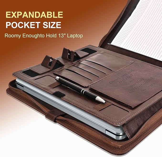 Leather Portfolio for Men and Women – Business Binder Portfolio, Professional Organizer for Men and Women, Christian Gifts, Laptop & iPad Case, Bible Notepad Holder (Brown) | Christian Leather Portfolio for Men
