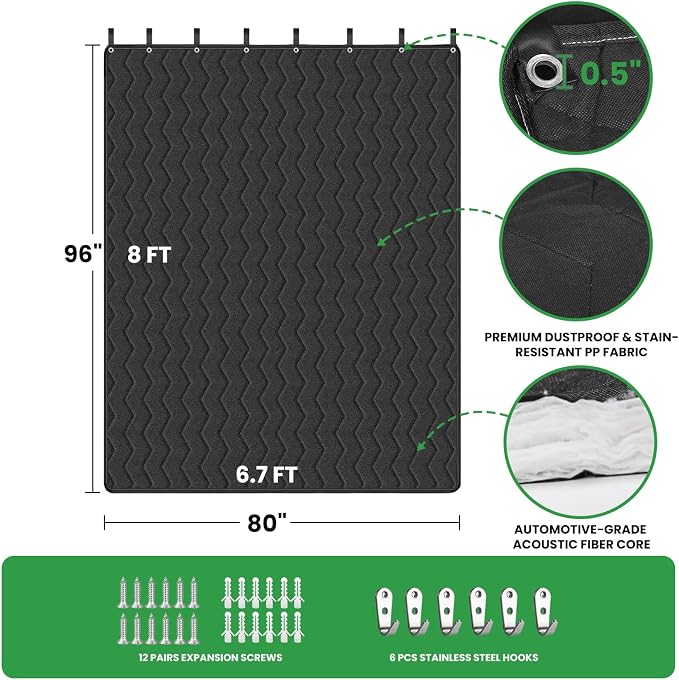 Sound Dampening Blanket 96" x 80" - Lightweight Automotive-Grade Acoustic Soundproof Curtain with Grommets, Hanging Loops & Wall Hooks, Noise Blocking Blanket for Doorway, Home Office & Studio – Black