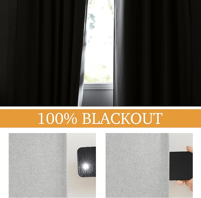 RYB HOME 3 in 1 Soundproof - Blackout - Insulation Linen Curtains, Noise Blocker Energy Saving Curtains for Bedroom Living Room Studio Home Office, Grey, W52 x L102 in, 2 Panels