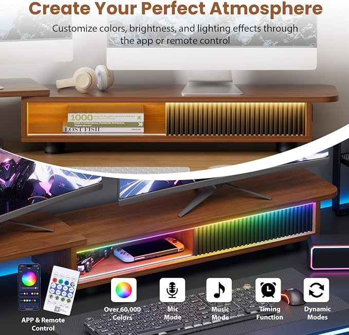 Artswish Dual Monitor Stand with Power Outlet, Brown Desk Monitor Riser | 2 AC Outlets & 2 USB Ports, RGB Lighting, Sliding Storage, Flexible Side Shelf, Desk Riser for Office, Work and Study