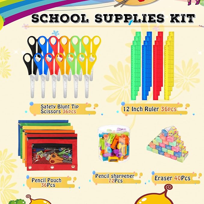 220 Pcs Back to School Supplies Kit Include Pencil Pouch, Scissors, Plastic Rulers, Eraser, Pencil Sharpener Bulk School Supplies for Classroom Donations Use