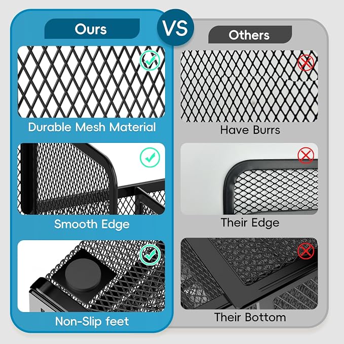 Mesh Pen Organizer for Desk, 13 Compartments with Drawer, Black | Metal mesh pencil holder and desk organizer with tilted slots for easy access to stationery at home, school or office