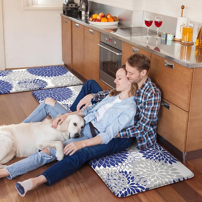 KIMODE Anti Fatigue Mats for Kitchen Floor Cushioned Kitchen Rugs Sets of 2 | 17"x47"+17"x29",Blue,Dahlia Floral Boho,Non Slip Rubber Backing,Waterproof,Wipe Clean,Standing Mat for Office Laundry Sink