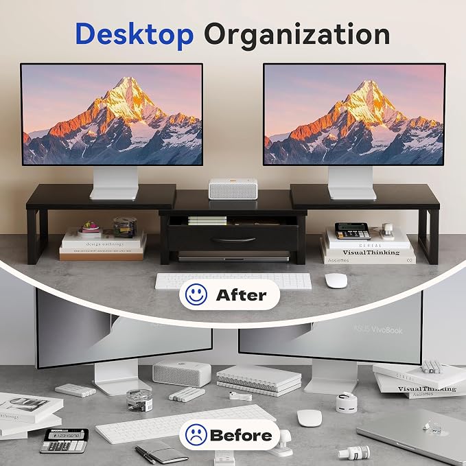 Dual Monitor Stand Riser, Desk Organizers and Accessories with Drawer, Computer Monitor Stands for Desk, Adjustable Desktop Shelf for PC Laptop Printer TV, Black