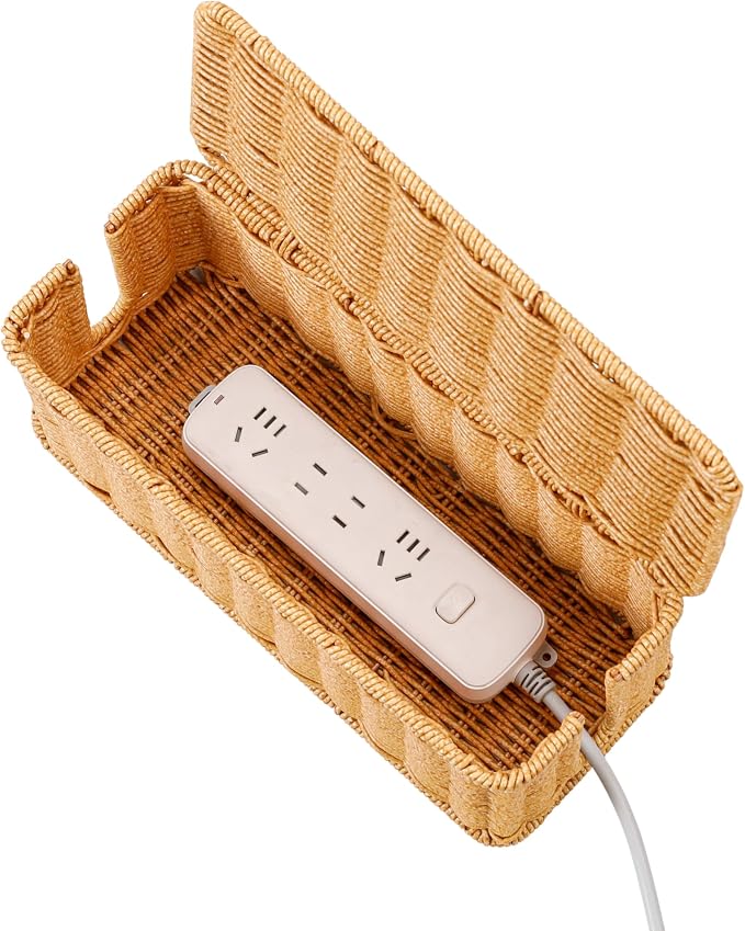 Cable Management Box, Handwoven Faux Rattan Cord Basket with Lid, Decorative Wiker Cord Hider Organizer with 2 Side Slots for Power Strip, Small Router, USB Hub, Desk, TV PC Charger for Desk