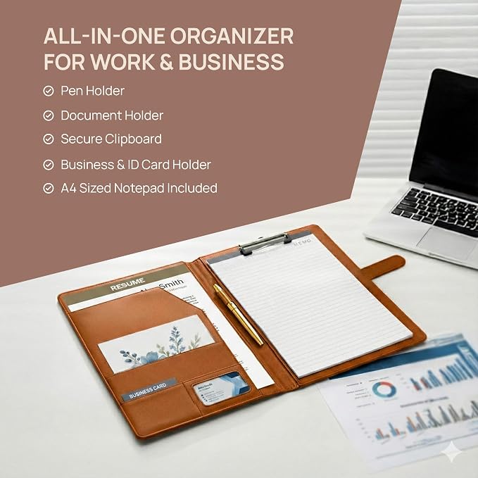Professional Padfolio with Notepad Included | Faux Leather Portfolio Folder with Clipboard, Resume Folder, Legal Pad Holder, Business Card Holder | A4 Letter Size | Brown