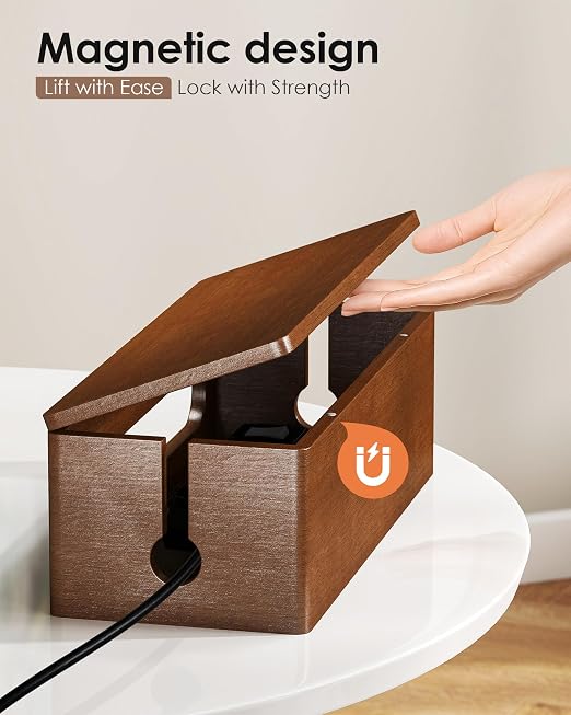 YECAYE Solid Wood Cable Management Box, Walnut Color, 14.2 x 6.1 x 4.1 | Magnetic Closure, For Power Strip & Wire Storage, Cord Organizer, Hide Cords, Home Office Decor,Cable Organizer Box