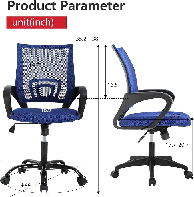 BestOffice | Ergonomic Office Chair | Mid-Back Swivel Desk Chair | Breathable Backrest & Lumbar Support | Adjustable Height | Sponge Seat | Rolling Wheels | Dark Blue | for Adults & Women