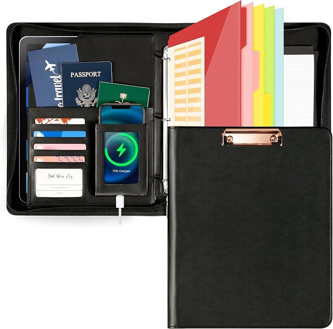 Ospelelf Leather Clipboard with Storage, Zippered Padfolio Portfolio Organizer, 3 Ring Binder 1 Inch, Notepad, Tablet Sleeve, 5 Dividers with Pocket for Office, Nurses, Students, Teachers Black