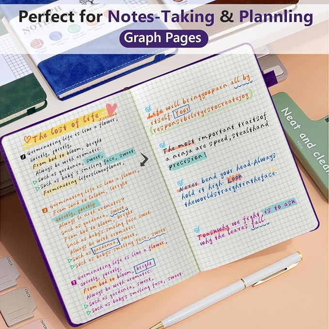 PERCUN A5 Hardcover Graph Paper Notebook, 5.9”x8.5” Leather Journal for Women & Men, 160 Pages Grid Paper Composition Notebook for Work, School, Math, Quad Ruled Writing Journals,Graphing (Purple)