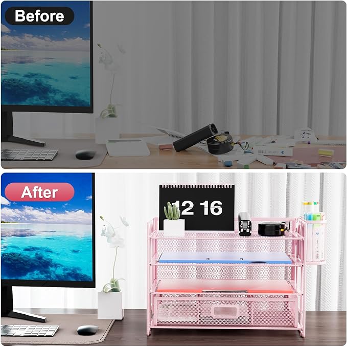 Marbrasse Desk Organizer, 4-Tier Paper File Letter Tray, Pink-2P | Sturdy Paper Tray, File Holder, Built-in Drawer, 2 Pen Slots, fits Letters/Files, for School Home Office Supplies