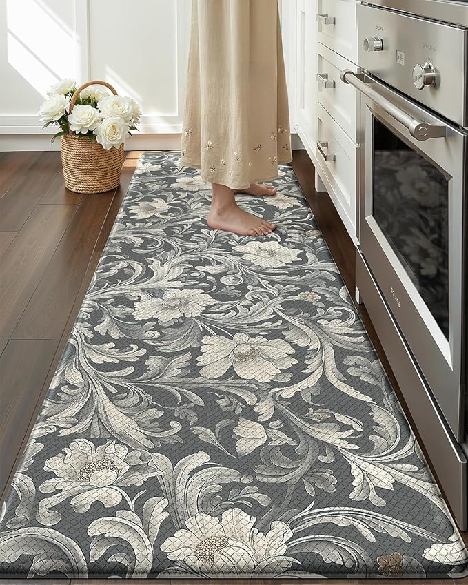 Color&Geometry Floral Kitchen Floor Mat 24x87 Anti Fatigue Easy Clean,Grey | 0.4in Thick Cushioned Standing Mat For Cooking/Working/Laundry, Flower Home Decor, Non Slip PVC Kitchen Rug, Oil/Water Proof
