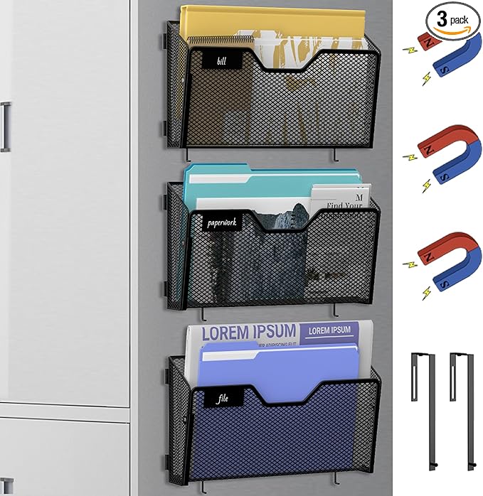 3 Pack Magnetic File Holder Wall File Organizer with Label Panel and 2 Hooks Magnetic Paper Mail Holder for File Office, Cabinets and Whiteboard, Black