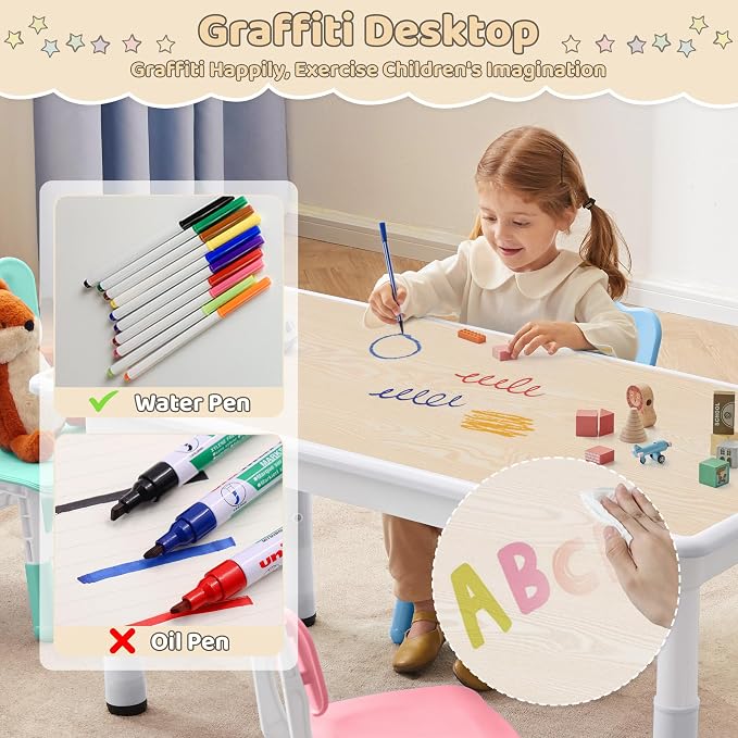 DOREROOM Adjustable Kids Table & 4 Chairs Set, 31.5"L x 23.6"W, Multicolor | Graffiti Desktop,Table Supports 300 lbs,Toddler Ages 2-8，FSC-certified, Children Activity Table for Daycare, Classroom, Home