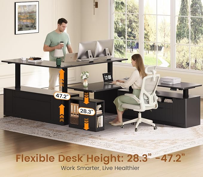 SEDETA L Shaped Electric Standing Desk, 69" x 55"Height Adjustable Office Executive Desk with 4 Drawers and Storage Shelves, Fluted Sit Stand Computer Desk with Power Outlet for Home Office (Black)