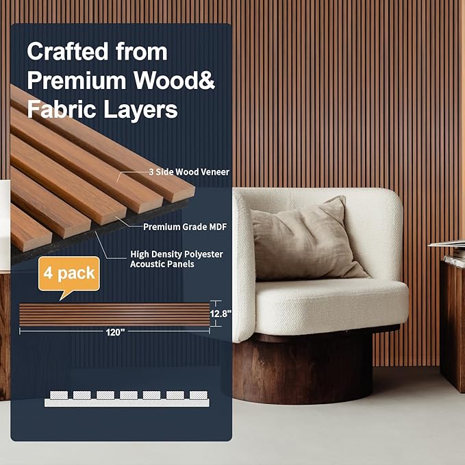 NeatiEase Wood Panels for Wall, 4-Piece 120" x 12.6" Soundproof Wood Slat Wall Panel for Interior Wall Decor Noise Cancelling, Acoustic Wall Panels, Sound Absorbing Panel (Teak)
