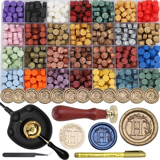 732 Pcs Sealing Wax Stamp Kit with Electric Wax Seal Warmer, Initial Alphabet H Seal Stamp, Assorted Color Waxseal Beads, Spoon, Letter Sealingwax Stamp Kit (H)