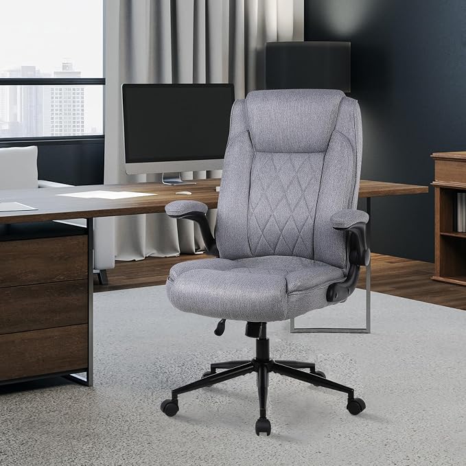 ralex-chair Big and Tall Office Chair -500 lb Office Chair for Big Man, Fabric High Back Office Desk Chair with 120° Tilt Rock,Computer Desk Chair with flip up arm - Light Gray