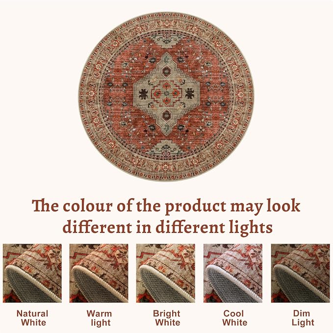 Tangsoo Round Rug 5ft, Washable Circle Rug, Vintage Non Slip Boho Round Area Rug, Low Pile Circular Rugs, Round Carpet for Bedroom,Livingroom,Nursery,Dorm,Office,Terracotta
