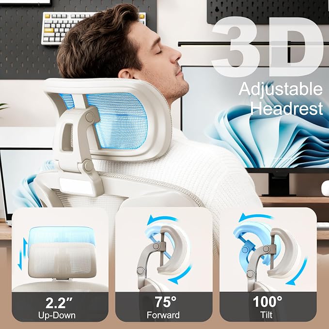 Vonesse Ergonomic Office Chair,Desk Chair with Adjustable 3D Headrest and Armrests, Gaming Chair with Dynamic Lumbar Support & Adjustable Depth Breathable Mesh Seat (White)