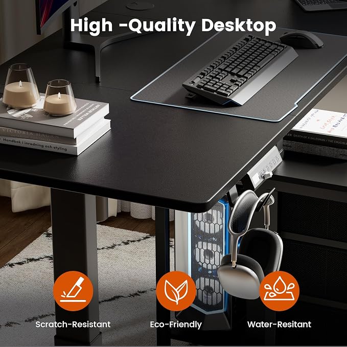 REAHOME 47 Inch Black Electric Height Adjustable Standing Desk with Drawers | Dual Motor Sit-Stand Frame With 3 Memory Presets, Printer Cabinet, Hooks & Cable Management For Home Office Gaming Desk