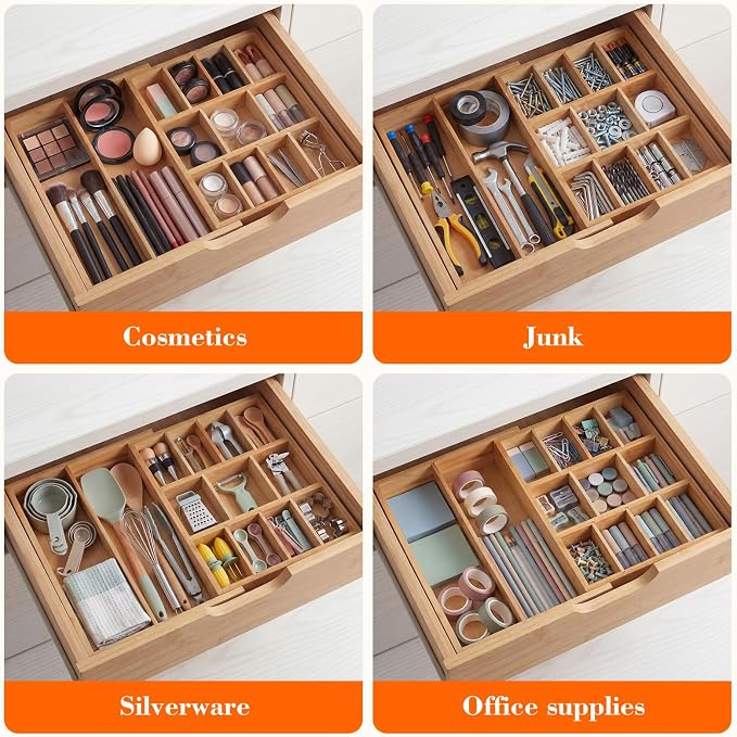 Bamboo Sliding Desk Drawer Organizer 9'' up to 17.9'' x 12'' x 2.2'' Expandable Office Desk Accessories Supplies Tray with 11 Compartments for Pens, Notebooks, Rulers, and Makeup Jewelry Vanity