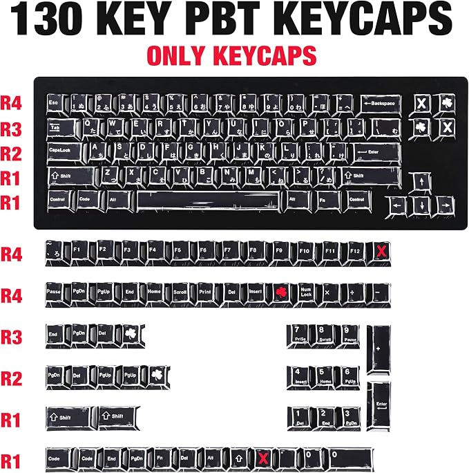 Black Japanese Manga Keycaps, Custom PBT Dye Sublimation Key caps 130 Keys, Cherry Profile Keycap Set Fit for 61/64/87/104/108 Cherry MX Switches Mechanical Keyboard