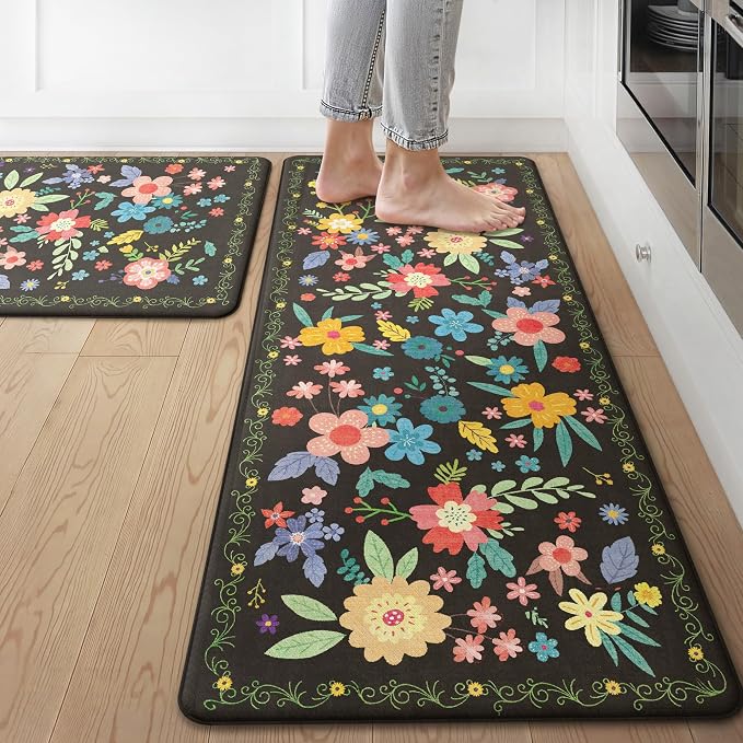 GENIMO Anti Fatigue Kitchen Mats for Floor 2PCS, Cushioned Standing Mats | 20"x32"&20"x48", Black vintage floral rug set, waterproof, non slip, easy-clean for farmhouse