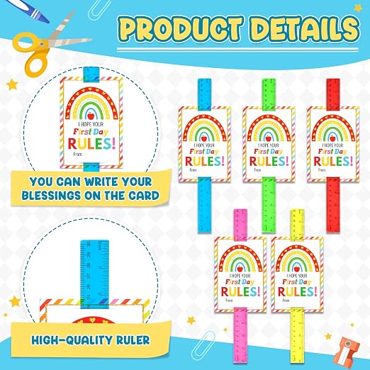 50 Sets Back to School Gifts Plastic Rulers with Inspirational Cards 12 Inch Transparent Assorted Color Ruler with Centimeters and Inches Gifts for First Day Student Classroom Prize School Supplies