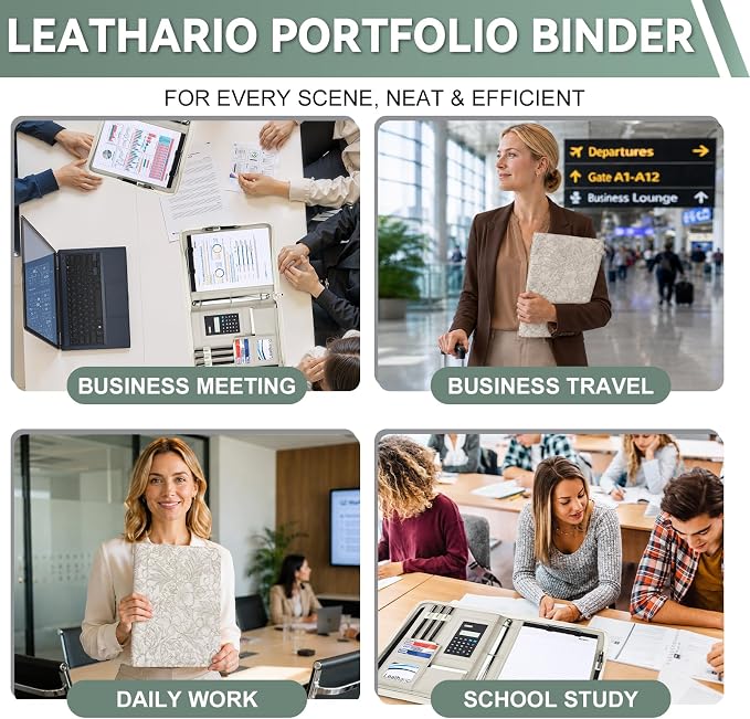 Leathario Portfolio Binder, Includes 5 Sheet Protectors and a Pen, 13 Inch Tablets Organizer, Vegan Leather A4 Padfolio, Multi-Pocket Notepad Business Planner Professional Document